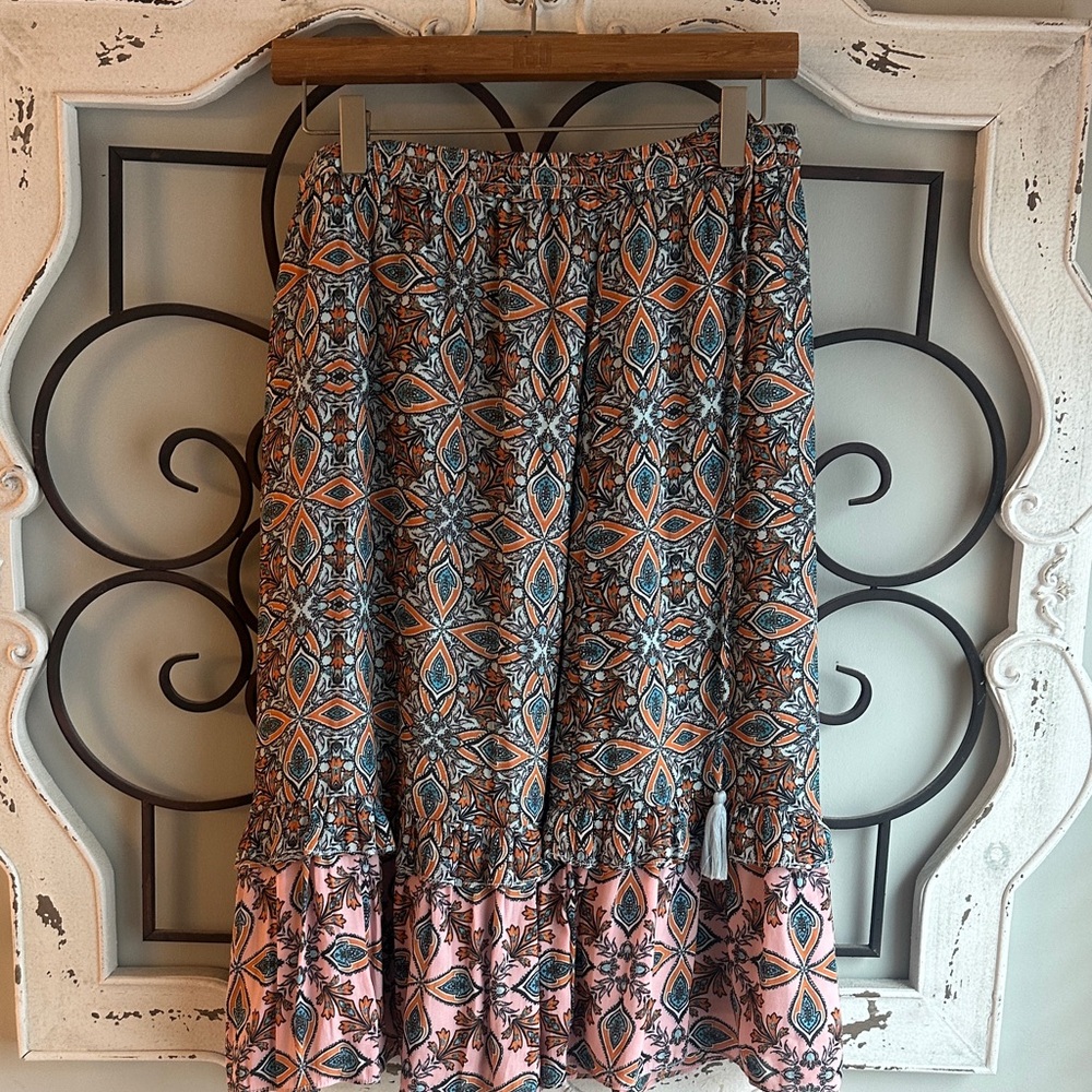 LOFT A-Line Skirt with Floral Patterns in Blue and Orange